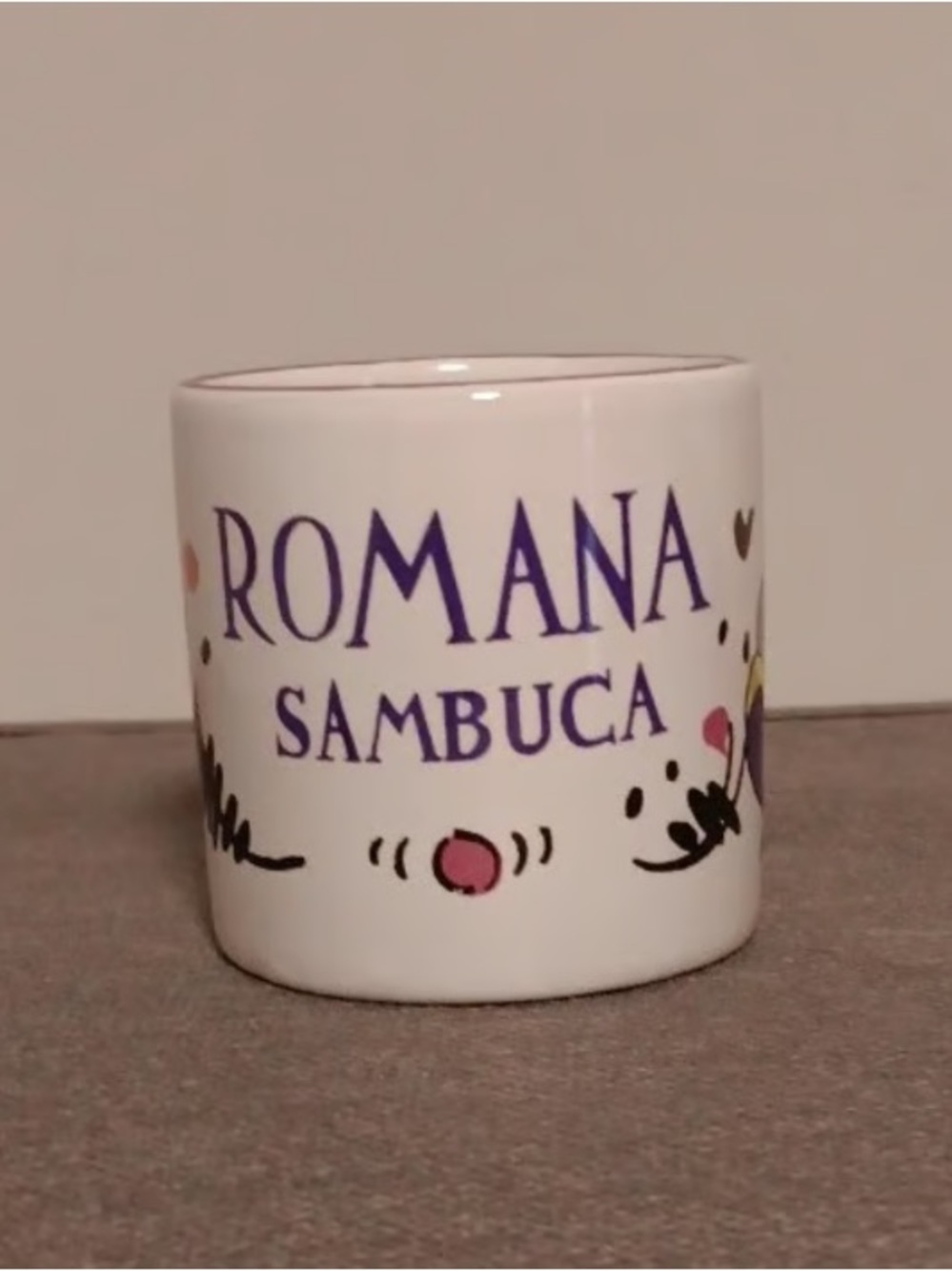 Romana Sambuca White Ceramic Mug with Purple Lettering